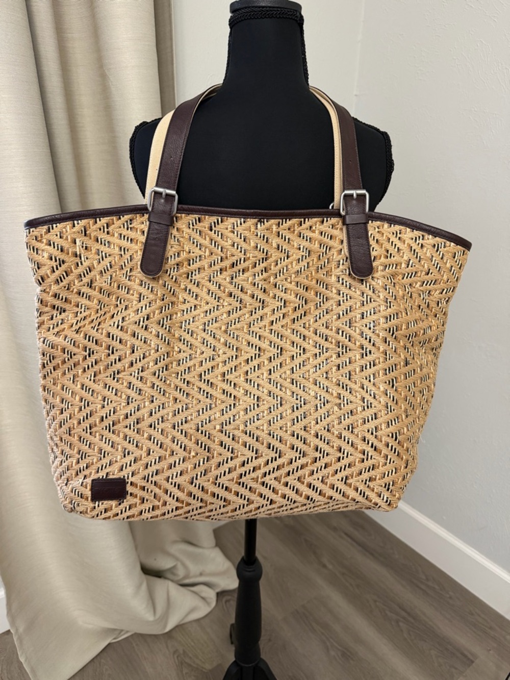 Toms Woven Straw Tote with Brown Trim and Dual Straps